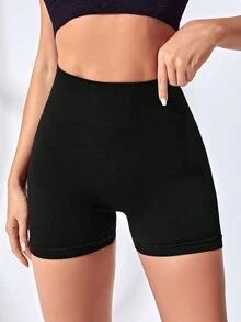SHEIN Yoga Basic 高彈性無縫運動短褲 - 黑色 - 查看 2