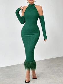 Allurite 露背荷葉邊緣修身連衣裙 - 墨綠色 - 查看 4