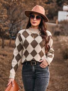 SHEIN Clasi Suéter De Cuello Alto Con Estampado De Rombos Para Mujer - Multicolor - Ver 1