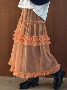 FRIFUL Mesh Flounce Hem Skirt - Orange - View 6