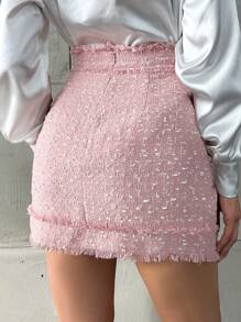 RueChic Solid Buttoned Asymmetrical Hem Raw Edge Skirt - Pink - View 2