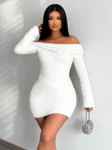 SHEIN SXY 露肩翻领紧身连衣裙 - 白色 - 查看 4