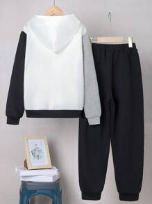 SHEIN Tween Boys' Loose-Fit Casual Colorblock Hoodie And Solid Color Sweatpants Set