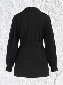SHEIN EZwear Plus Lapel Neck Belted Overcoat - Black - View 2