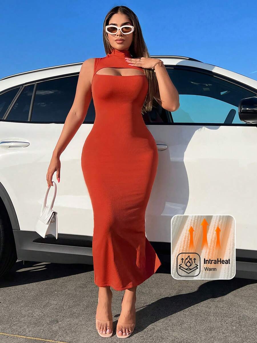 SHEIN SXY Cut Out Front Mock Neck Split Thigh Bodycon Dress - Orange - View 1