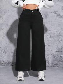SHEIN PETITE Solid Color Denim Pants - Black - View 1