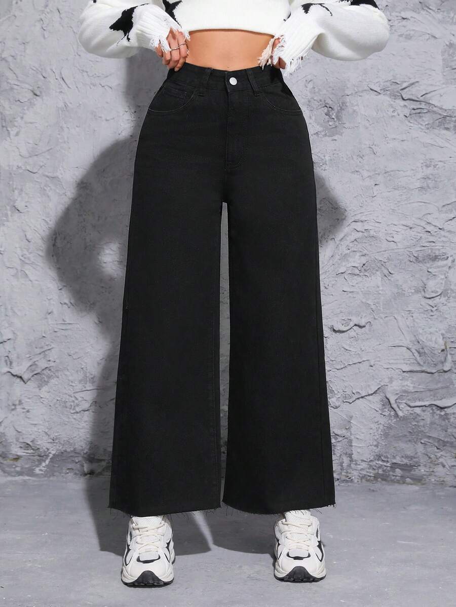 SHEIN PETITE Solid Color Denim Pants - Black - View 1