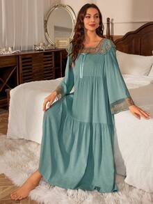 女士刺繡網布落肩睡衣連身裙 - 綠色 - 查看 6