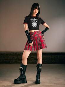 Harry Potter | ROMWE Của phụ nữ Phong cách Học viện Mùa vụ Áo thun - màu đen - Xem 3