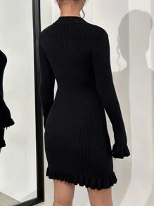 SHEIN Unity 鏤空荷葉邊毛衣洋裝 - 黑色 - 查看 2