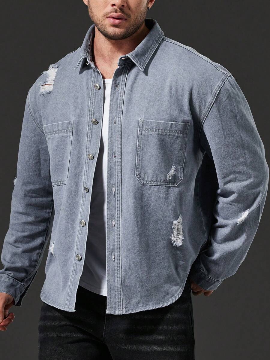 Manfinity Homme Herren Plus Größe Zerrissenes Denimhemd - Grau - Übersicht 1