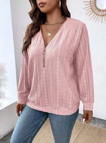 Calvaya Plus Size Pink V-Neck Zipper Design Casual Long Sleeve Sweatshirt Pullover Fall Sweatshirt - Dusty Pink - View 5