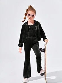 SHEIN 女大童水鑽字母和蝴蝶樣式連帽絲絨夾克&吊帶上衣&喇叭褲 - 黑色 - 查看 1