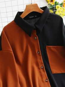 SHEIN LUNE Camisa de dos tonos con parche con bolsillo de hombros caídos - Multicolor - Ver 7