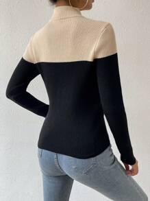 Chiquease Women's Color Block High Neck Knit Pullover Fall Winter Sweater - Apricot - View 2