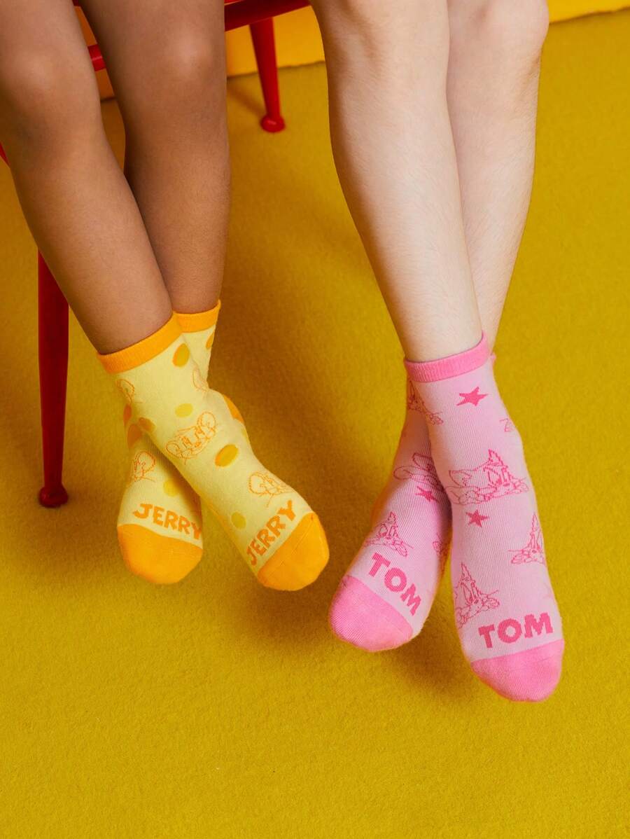 TOM & JERRY X SHEIN Thick Soft Absorbent Cute Mid-calf Socks Suitable For School, 2pairs/set - Multicolor - View 1