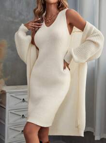 SHEIN Privé Solid Color Sleeveless Knitted Sweater Dress - Apricot - View 1