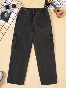 SHEIN Tween Boy Flap Pocket Side Cargo Jeans - Black - View 2