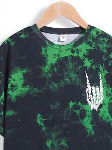 SHEIN 男童休閒街頭風格紮染骷髏與手印圓領寬鬆針織短袖 T 卹 - 彩色 - 查看 4