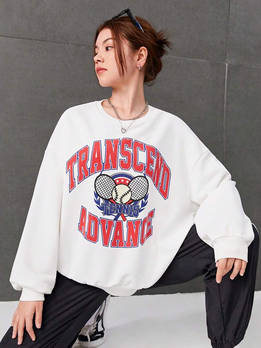 SHEIN Sudadera Para Adolescente Con Hombros Caídos Y Gráfico De Letra - Blanco - Ver 1