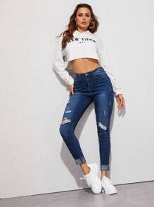 SHEIN Essnce Pantalones Vaqueros De Corte Slim Rasgados