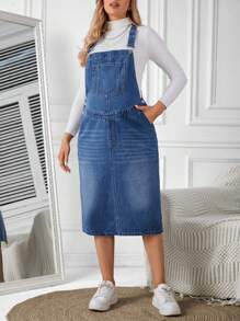 SHEIN Maternity Patched Pocket Overall Denim Dress Without Tee