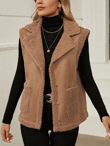 SHEIN LUNE Của phụ nữ Vá lại Teddy Lông cừu Áo khoác vest - Màu Khaki - Xem 6