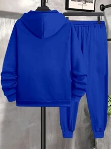 Manfinity Hypemode 男士加大尺碼連帽衫和褲子套裝,印有字母 - 藍色 - 查看 2
