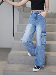 Quần jeans ống đứng, phong cách thường ngày, thời trang, cổ điển, kiểu cargo dành cho bé gái tuổi teen. - Rửa trung bình - Xem 3