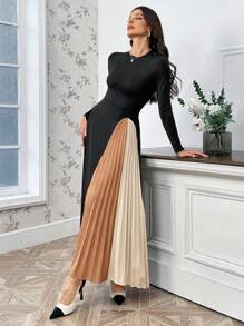 SHEIN Privé Women's Color-block Pleated Hem Dress - Multicolor - View 5