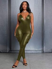 Slaydiva Chặt Phù hợp Áo liền quần Với Bên Túi Và Dây đai - xanh quân đội - Xem 3