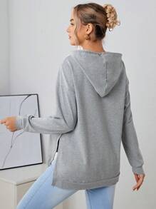 SHEIN Áo nỉ bầu vai rớt, xẻ gấu, có dây rút - Màu Xám nhạt - Xem 2