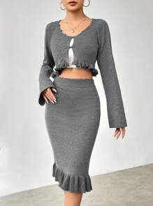SHEIN Clasi Women Sweater Co-ords Ruffle Hem Rib-Knit Tombol Depan Plain Casual - Grey - View 1