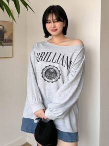 Dazy Petite Plus In thư Thả vai Áo nỉ - Xám - Xem 5