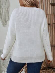 SHEIN LUNE Plus Floral Embroidery Drop Shoulder Sweater - White - View 2