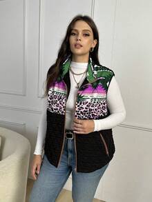 EMERY ROSE 大码豹纹印花和热带印花加垫背心羽绒夹克 - 紫色 - 查看 3