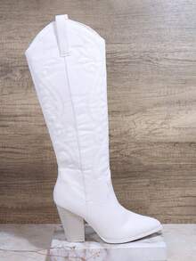 SHUZIA Embroidery Detail Point Toe Chunky Heeled Western Boots - White - View 2