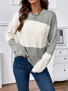 SHEIN LUNE Color Block Drop Shoulder Sleeve Fashionable Sweater - Grey - View 6