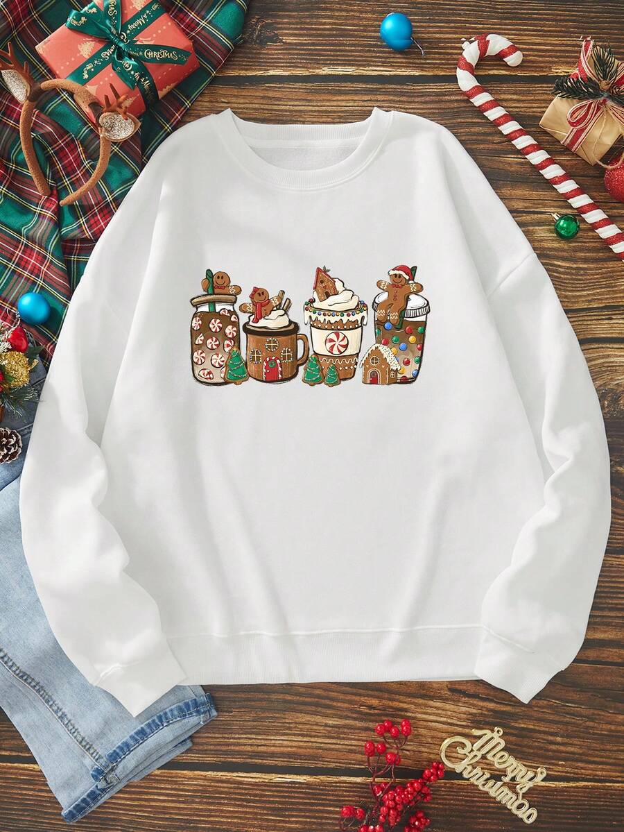 SHEIN EZwear 圓領卡通圖案休閒時尚運動衫 - 白色 - 查看 1