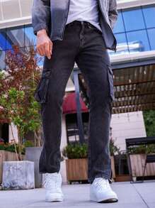 Manfinity Homme Loose Fit Men's Casual Cargo Pocket Jeans - Black - View 1