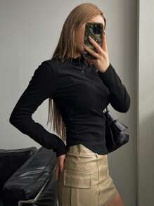 DAZY Màu thuần Chi tiết dây kéo Tay áo dài Của phụ nữ Áo thun - màu đen - Xem 2