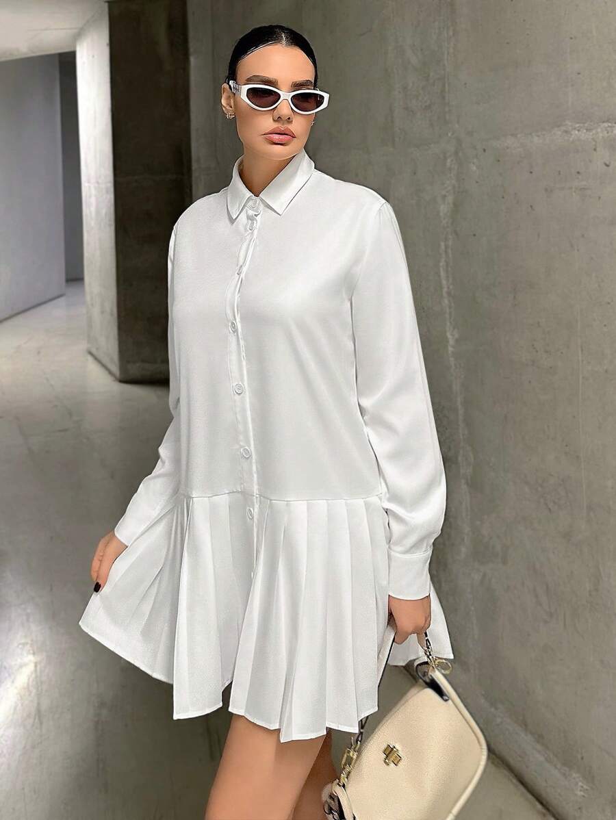 SHEIN Essnce 女士長袖襯衫領連身裙 - 白色 - 查看 1