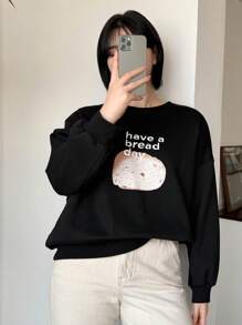 Dazy Petite Plus Plus Size Loosed Bread & Letter Print Sweatshirt,Fall Clothes - Black - View 6