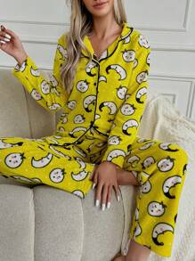RueChic Women's Cartoon Pattern Long Pants Pajama Set - Yellow - View 5