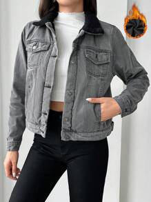 RueChic Women's Buttoned Denim Jacket - Light Grey - View 1