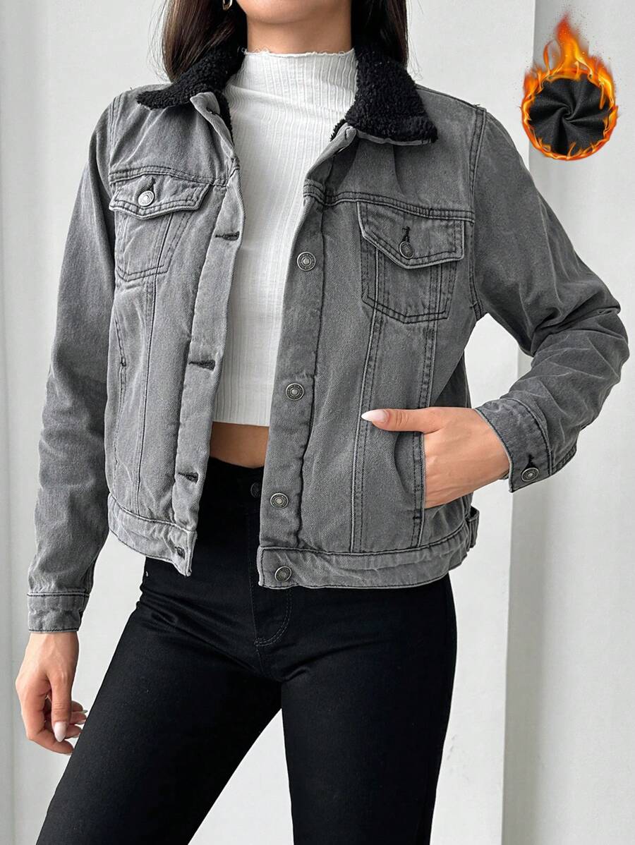 RueChic Women's Buttoned Denim Jacket - Light Grey - View 1
