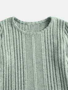 SHEIN 少女實色長袖圓領格子針織T恤，適用於秋冬季 - 薄荷綠 - 查看 4