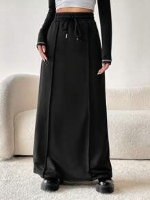 SHEIN EZwear 女士長款帶有束繩的帽衫裙 - 黑色 - 查看 6