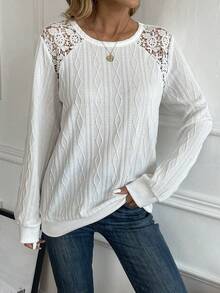 SHEIN LUNE Lace Patchwork Raglan Sleeve Sweatshirt - White - View 3