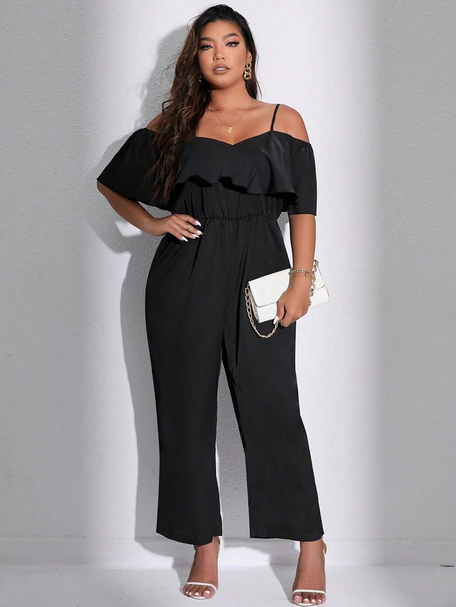 Celure Plus Size Solid Color Ruffled Hem Jumpsuit With Drawstring Waist - Black - View 1
